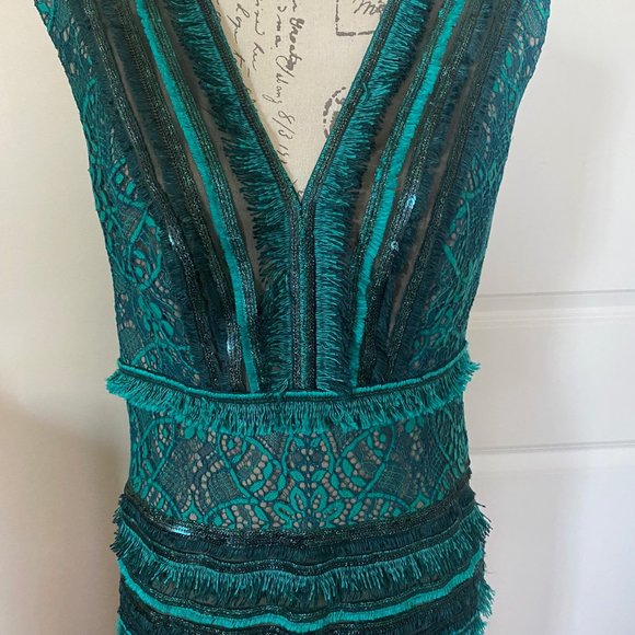 TADASHI SHOJI -TEAL LACE & FRINGE DRESS - Size 10 - Picture 5 of 8